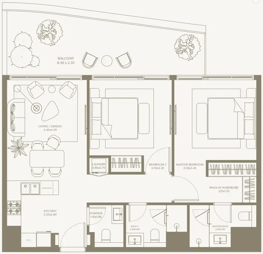 AYA Beachfront Residences 2 bed floor plan, 1,041 sqft