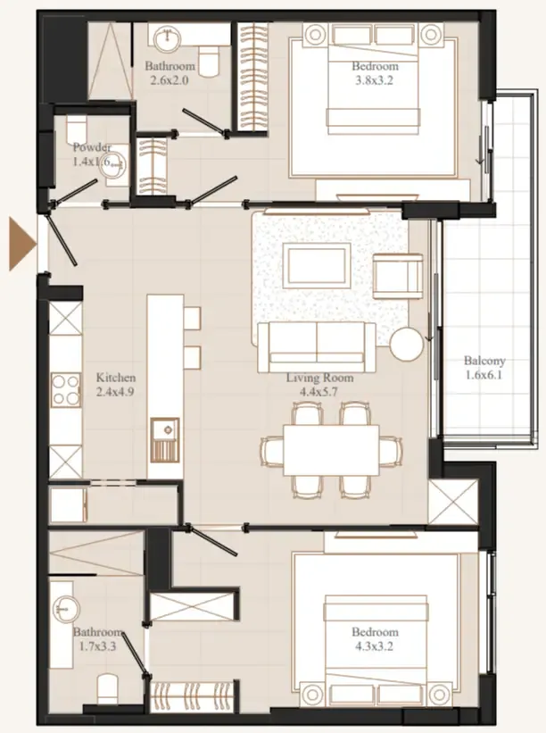 Flamingo LUX 2 bed floor plan, 1,094 sqft
