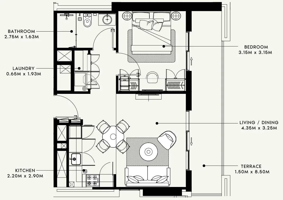 Beach Oasis 1 and 2 1 bed floor plan, 689 sqft