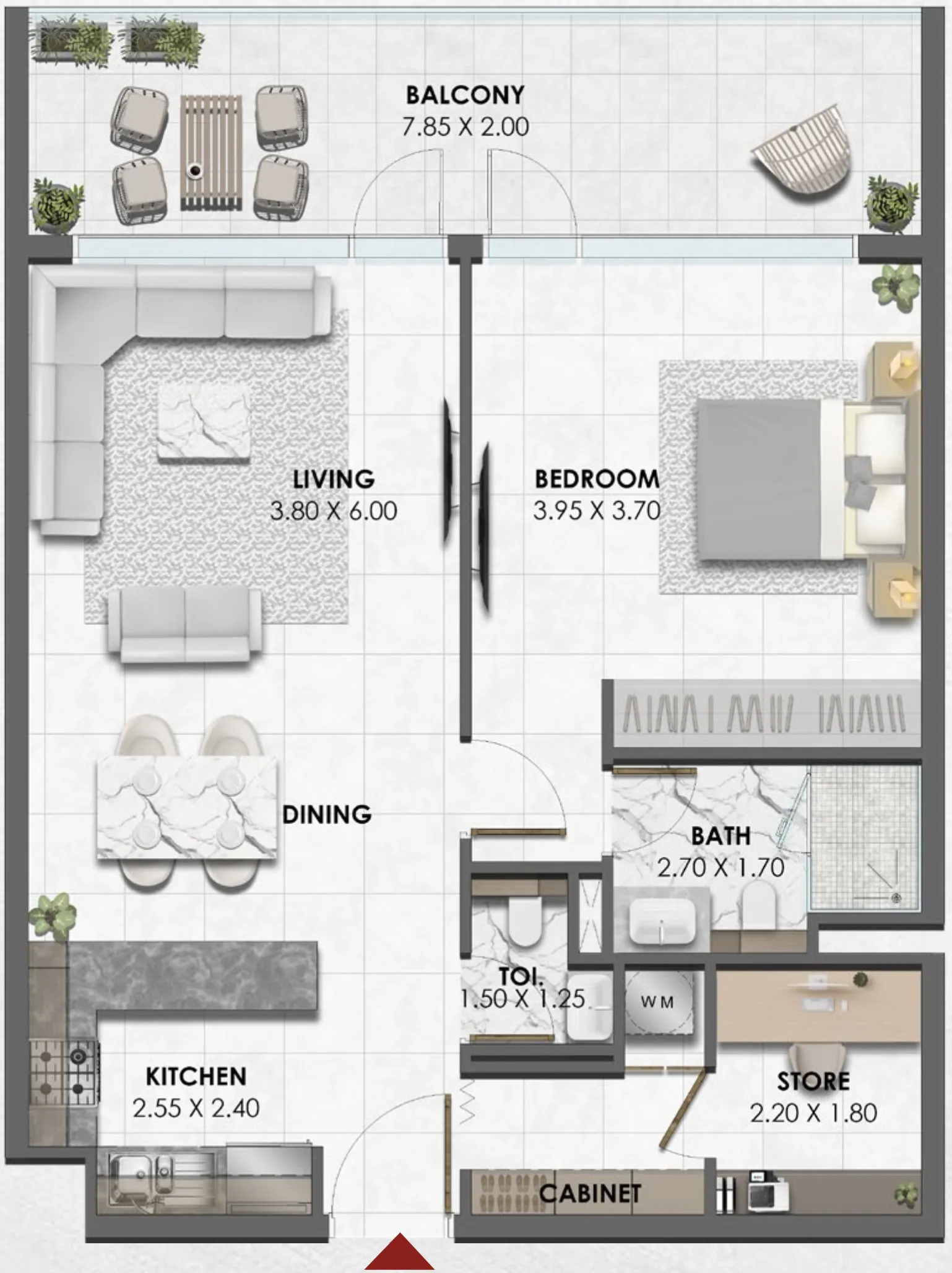 Waref Residences 1 bed floor plan, 914 sqft