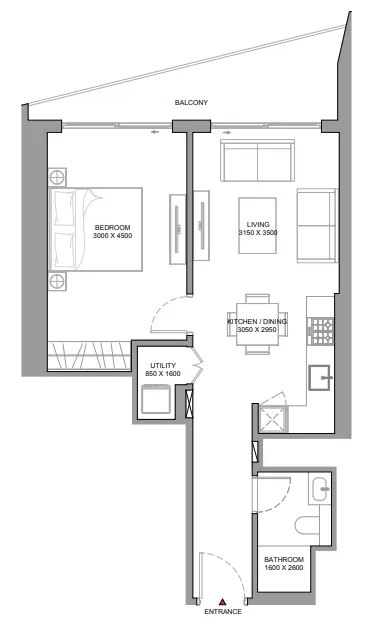 The Serene at Sobha Central 1 bed floor plan, 695 sqft