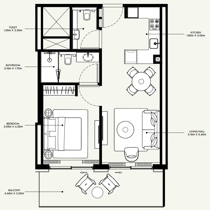 Azizi Venice 1 bed floor plan, 735 sqft