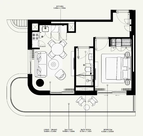 Azizi Venice 1 bed floor plan, 709 sqft