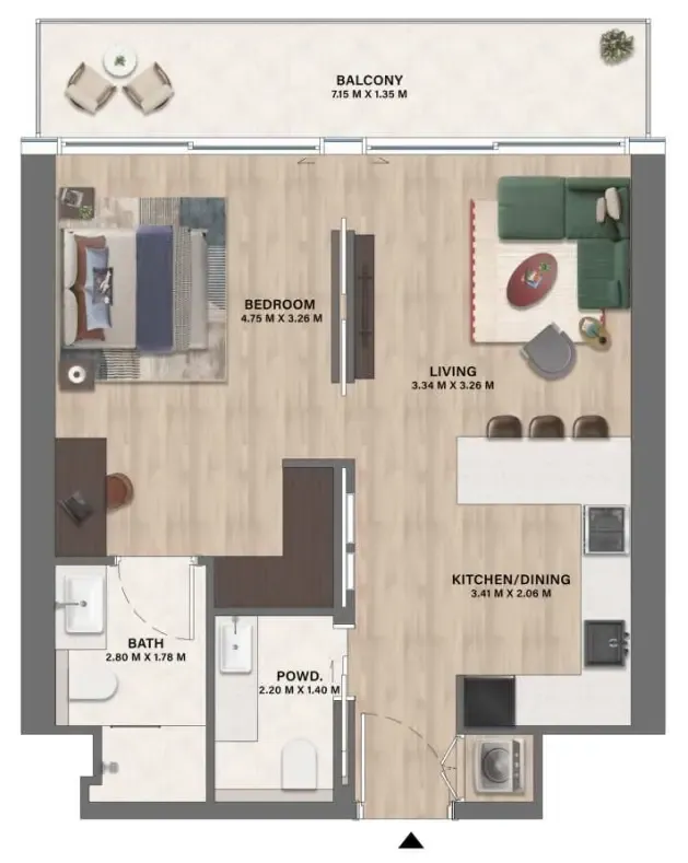 Mövenpick Residences Dubai Motor City Phase 1 1 bed floor plan, 703 sqft