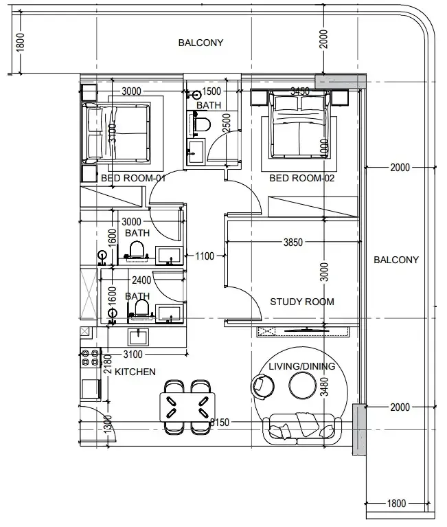 Al Haseen Residences 6 2 bed floor plan, 1,454 sqft