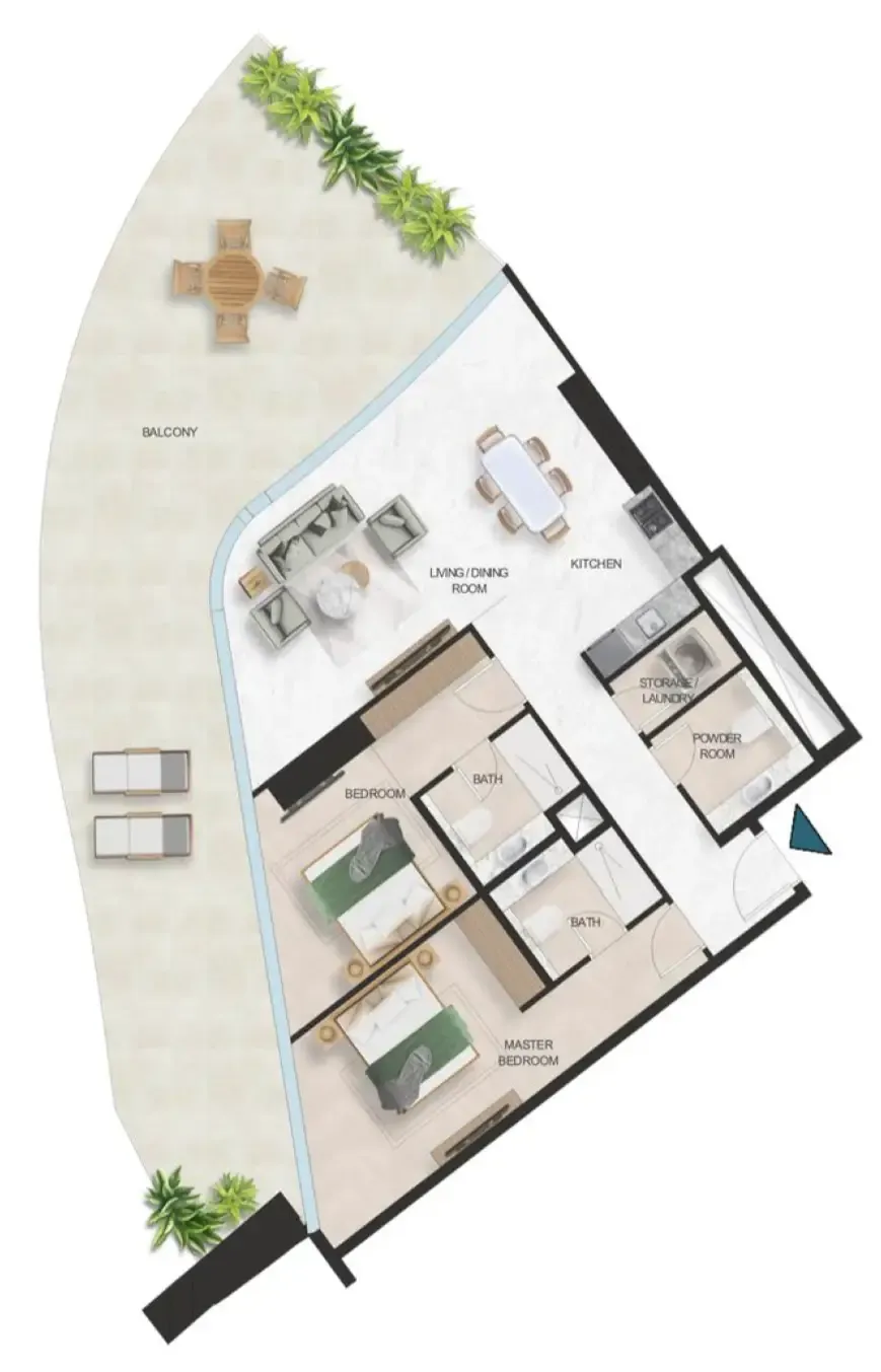 Oystra 2 bed floor plan, 2,402 sqft