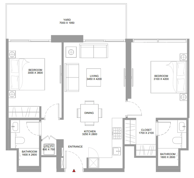 Starline Beach Residences 2 bed floor plan, 923 sqft