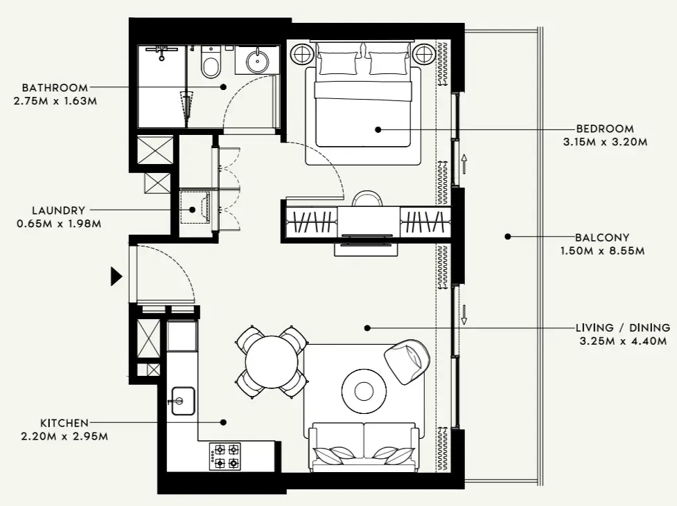 Beach Oasis 1 and 2 1 bed floor plan, 682 sqft
