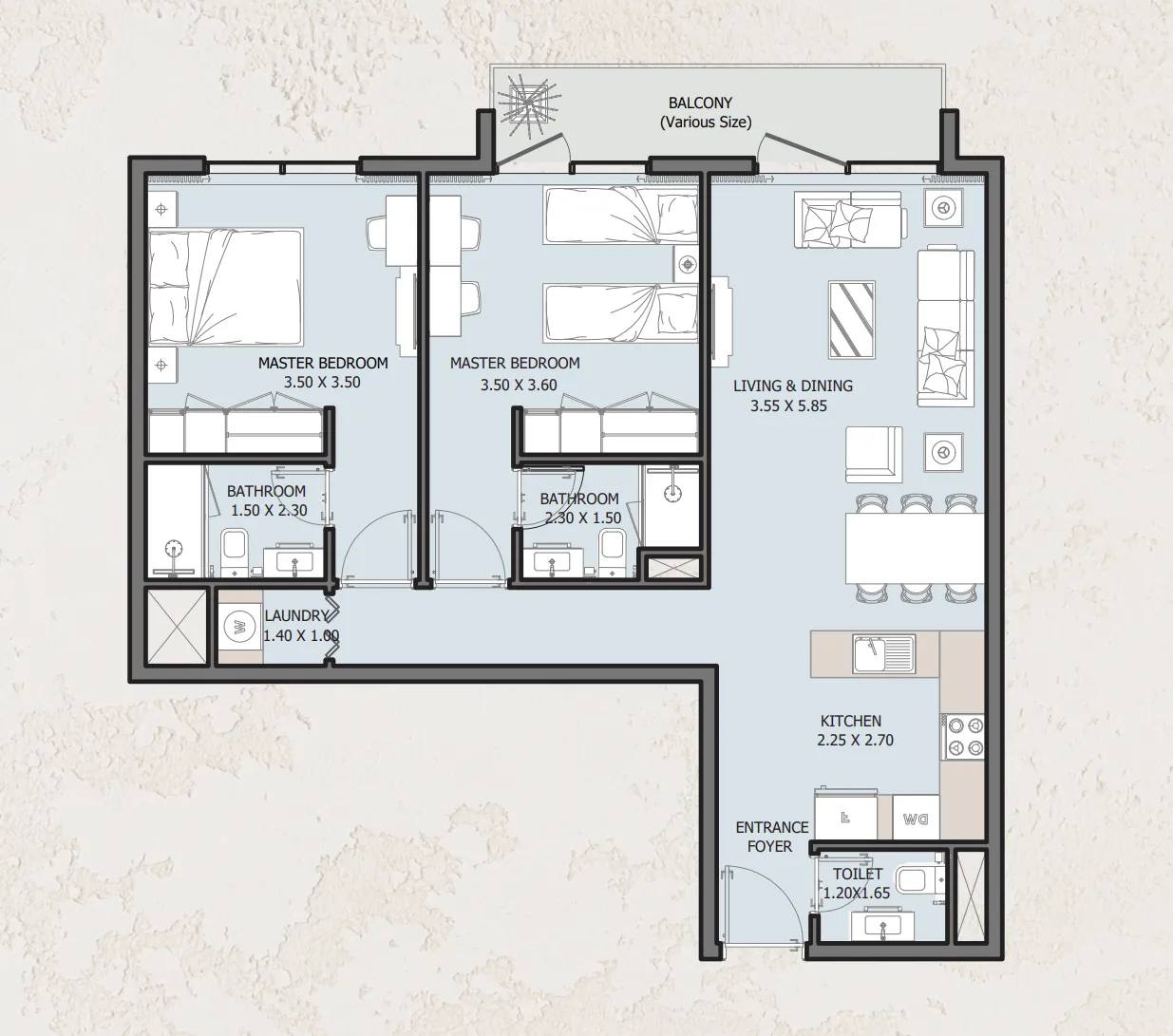 Verdana Empire 2 bed floor plan, 968 – 1,218 sqft