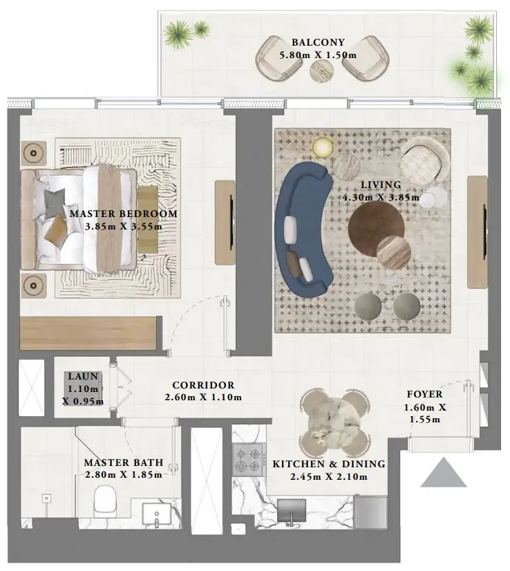 Albero 1 bed floor plan, 757 sqft