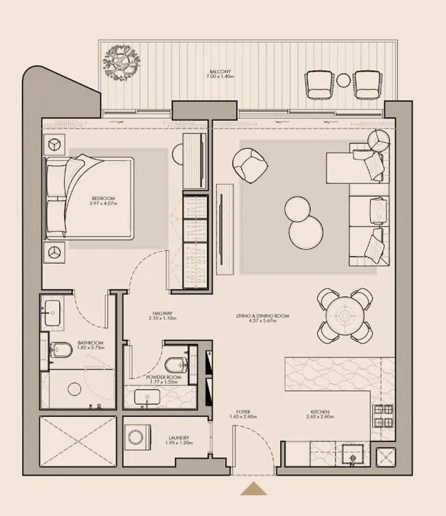 Nourelle 1 bed floor plan, 897 sqft