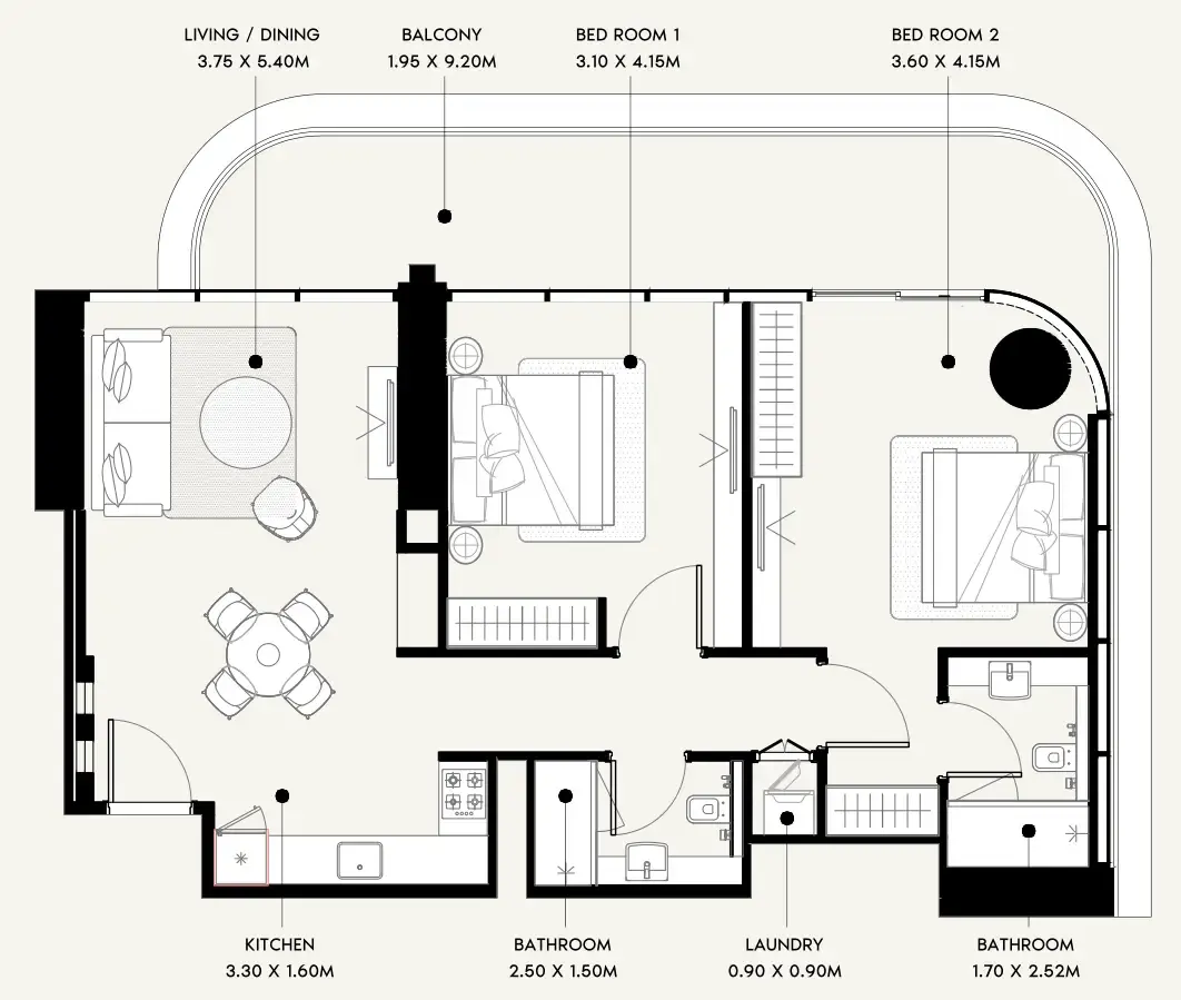 Azizi Milan 2 bed floor plan, 1,122 sqft