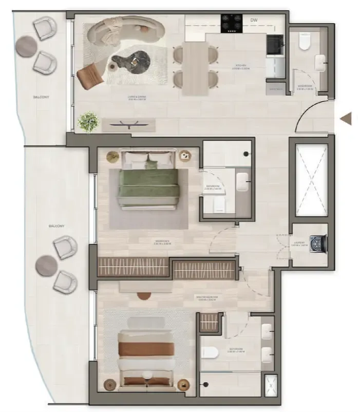 Stax 2 bed floor plan, 1,075 – 1,086 sqft