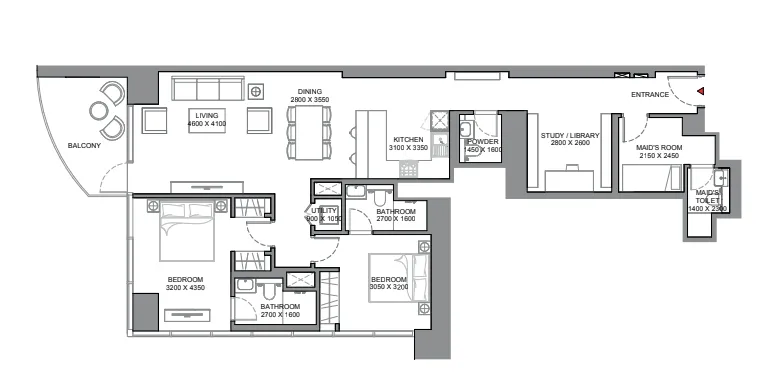 Skyscape 2 bed floor plan, 1,515 sqft