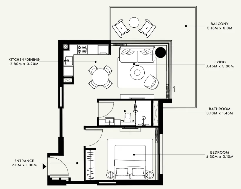 Azizi Venice 1 bed floor plan, 720 sqft