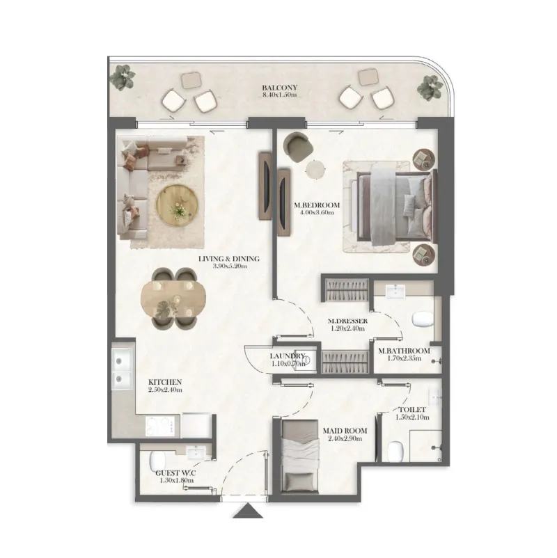 Rotana Residences South Tower 1 bed floor plan, 849 sqft