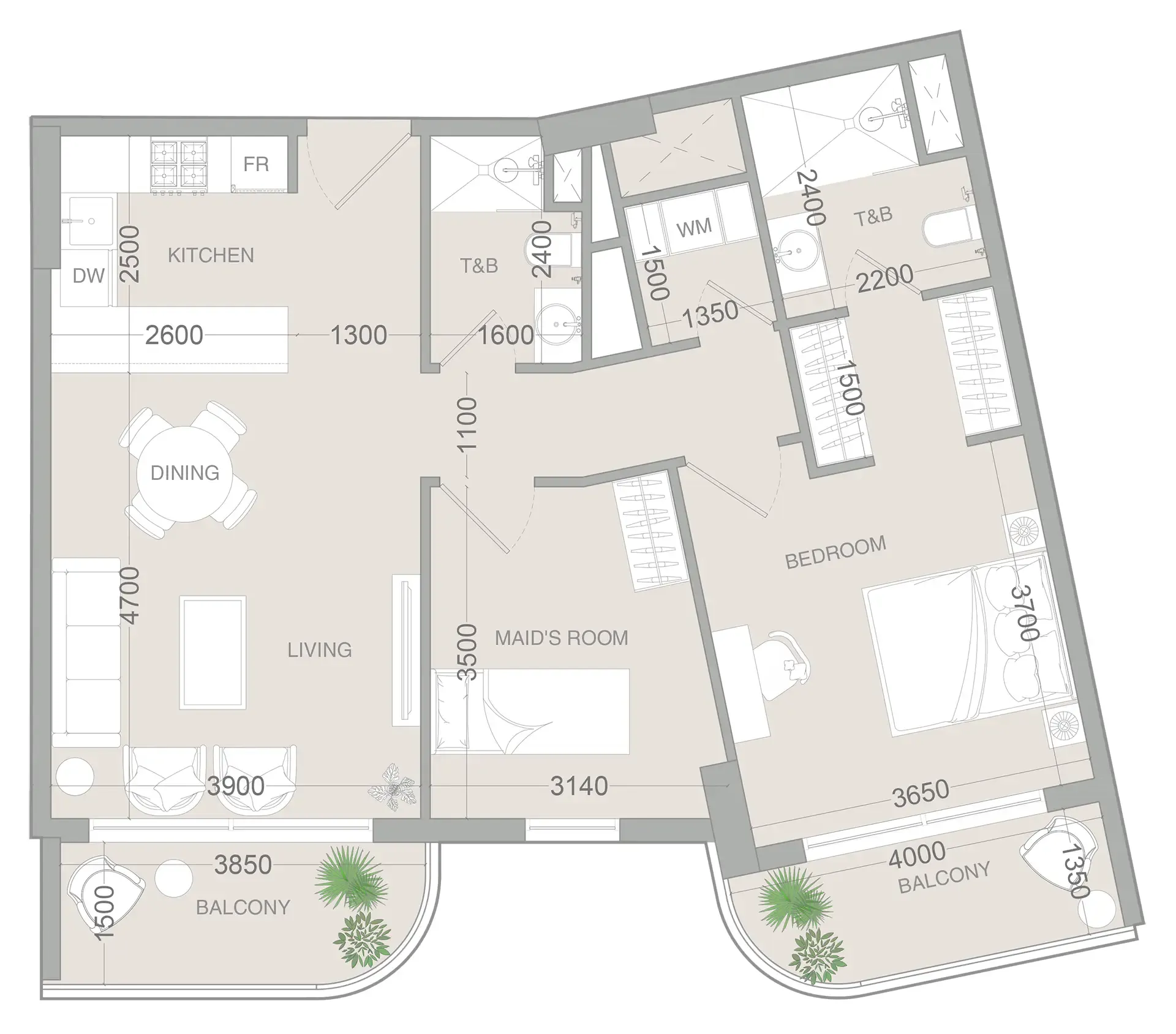 VERDAN1A 3 1 bed floor plan, 960 sqft