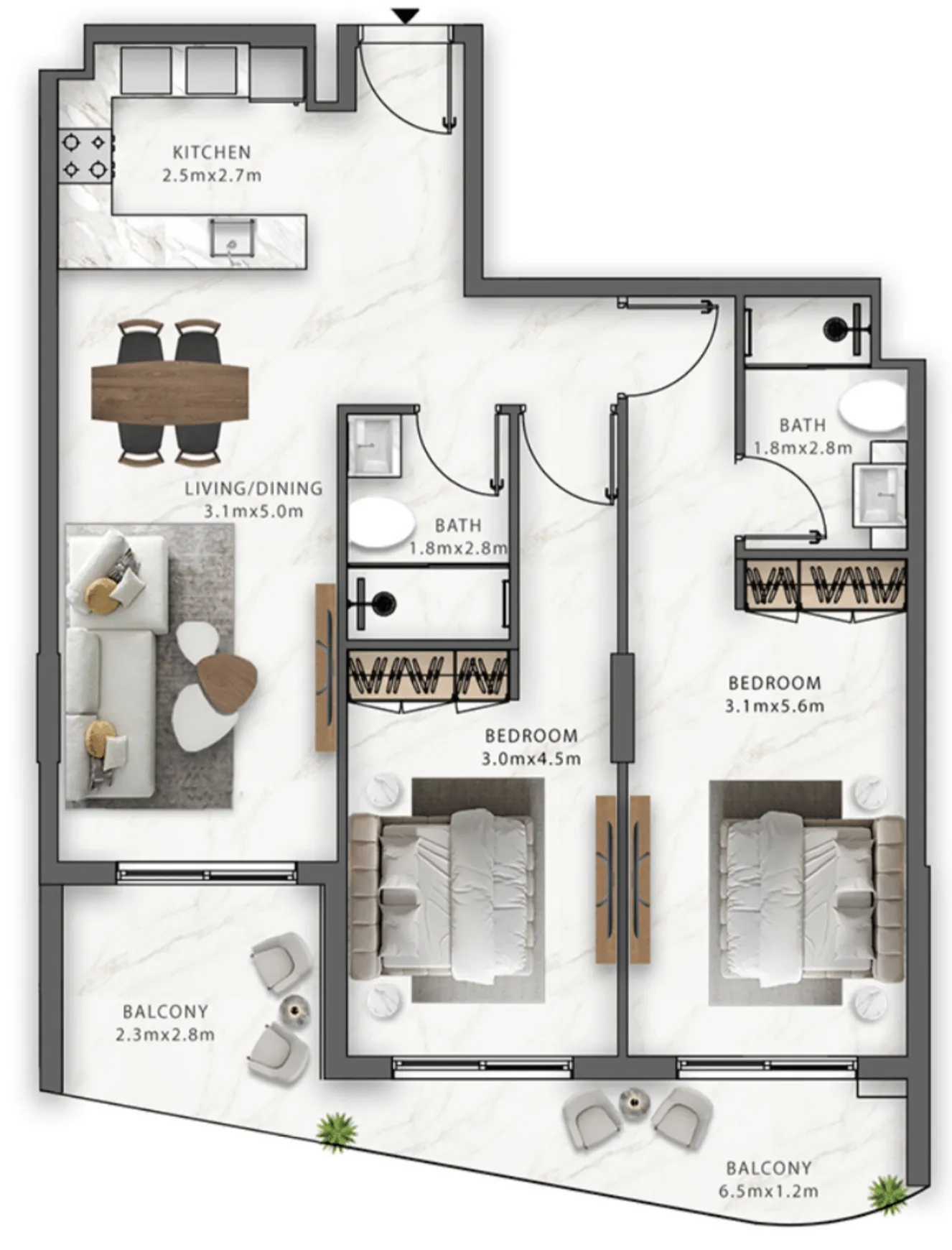 Trafford Residences 2 bed floor plan, 1,136 sqft