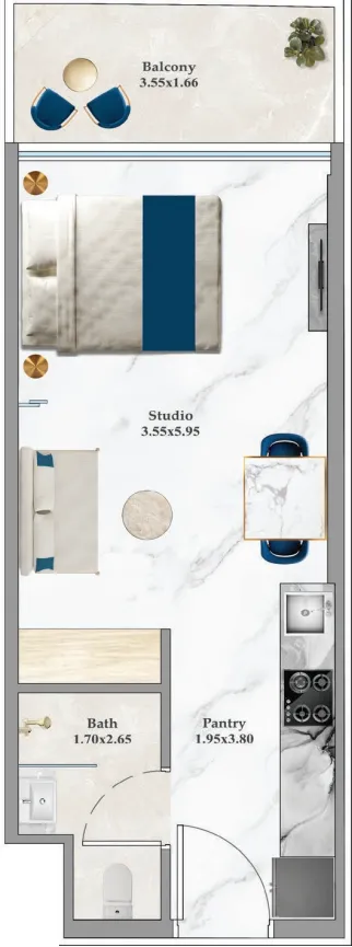 Aspirz Studio floor plan, 389 sqft