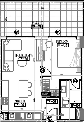 Laya Courtyard 1 bed floor plan, 686 – 692 sqft