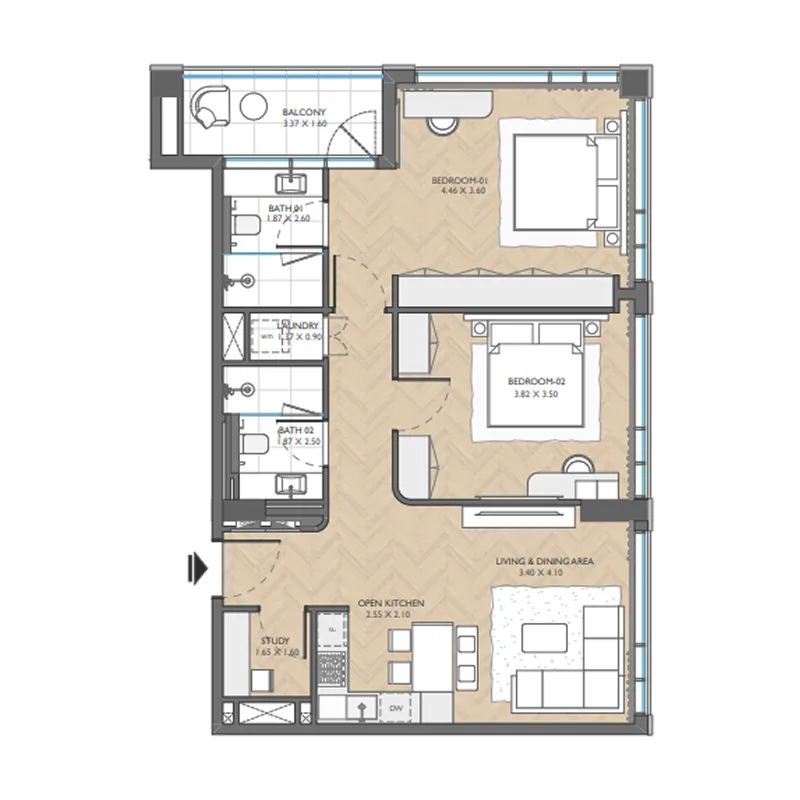 The Collective 2 bed floor plan, 1,071 sqft