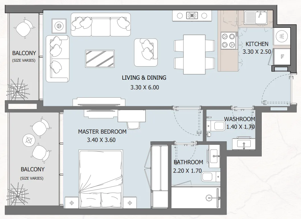 Verdana Residence 2 1 bed floor plan, 642 – 662 sqft