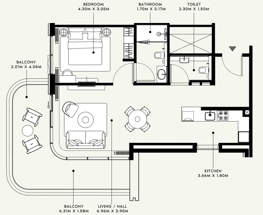 Azizi Venice 1 bed floor plan, 932 sqft