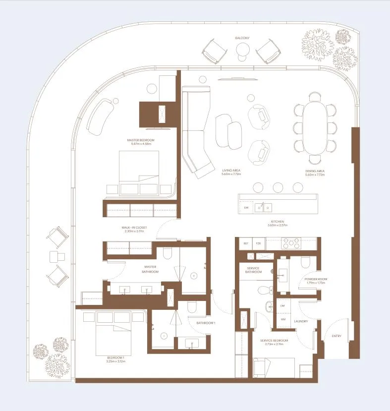 Dubai Harbour Residence 2 bed floor plan, 2,037 – 2,082 sqft