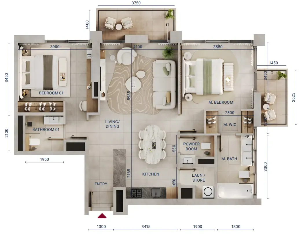 Mirdad 2 bed floor plan, 1,112 sqft