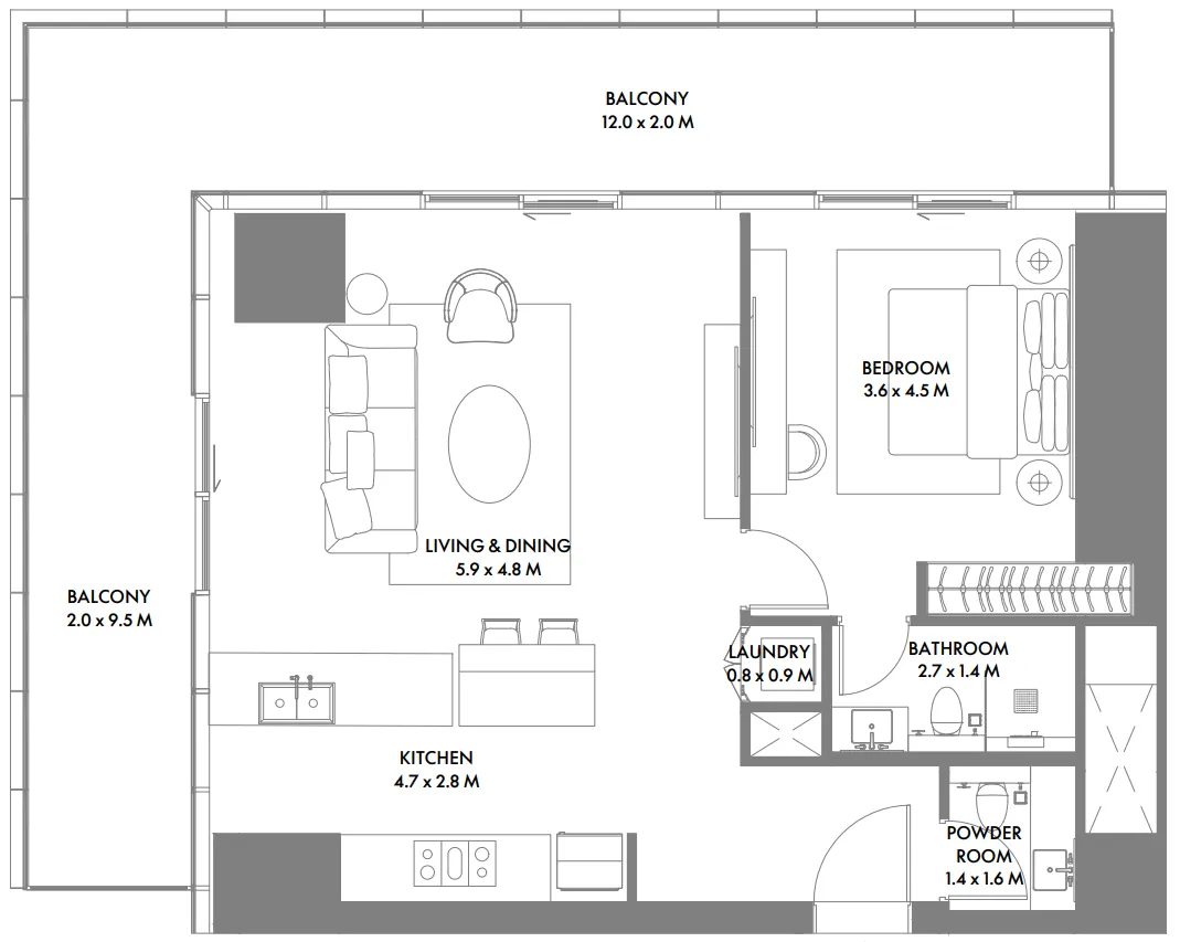 W The Residences by Arada 1 bed floor plan, 1,068 sqft