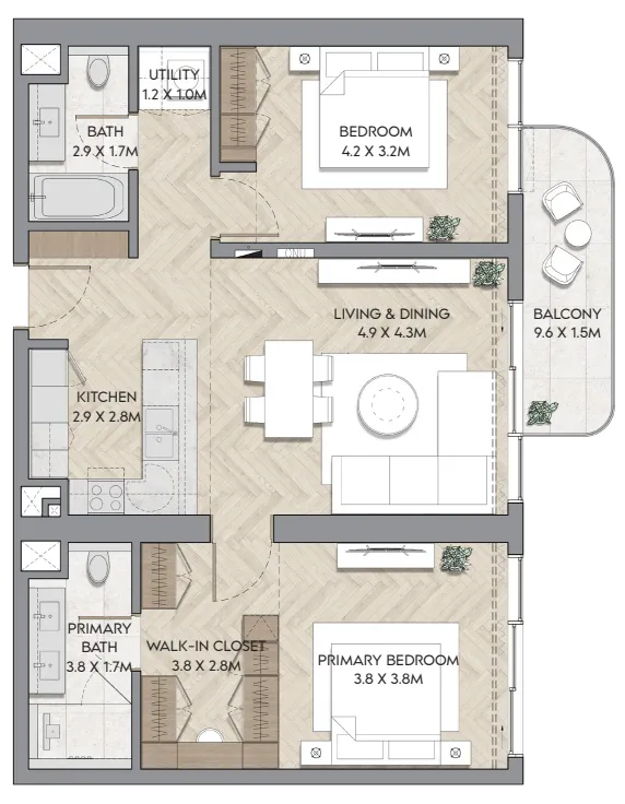 Nura 2 bed floor plan, 1,189 – 1,219 sqft