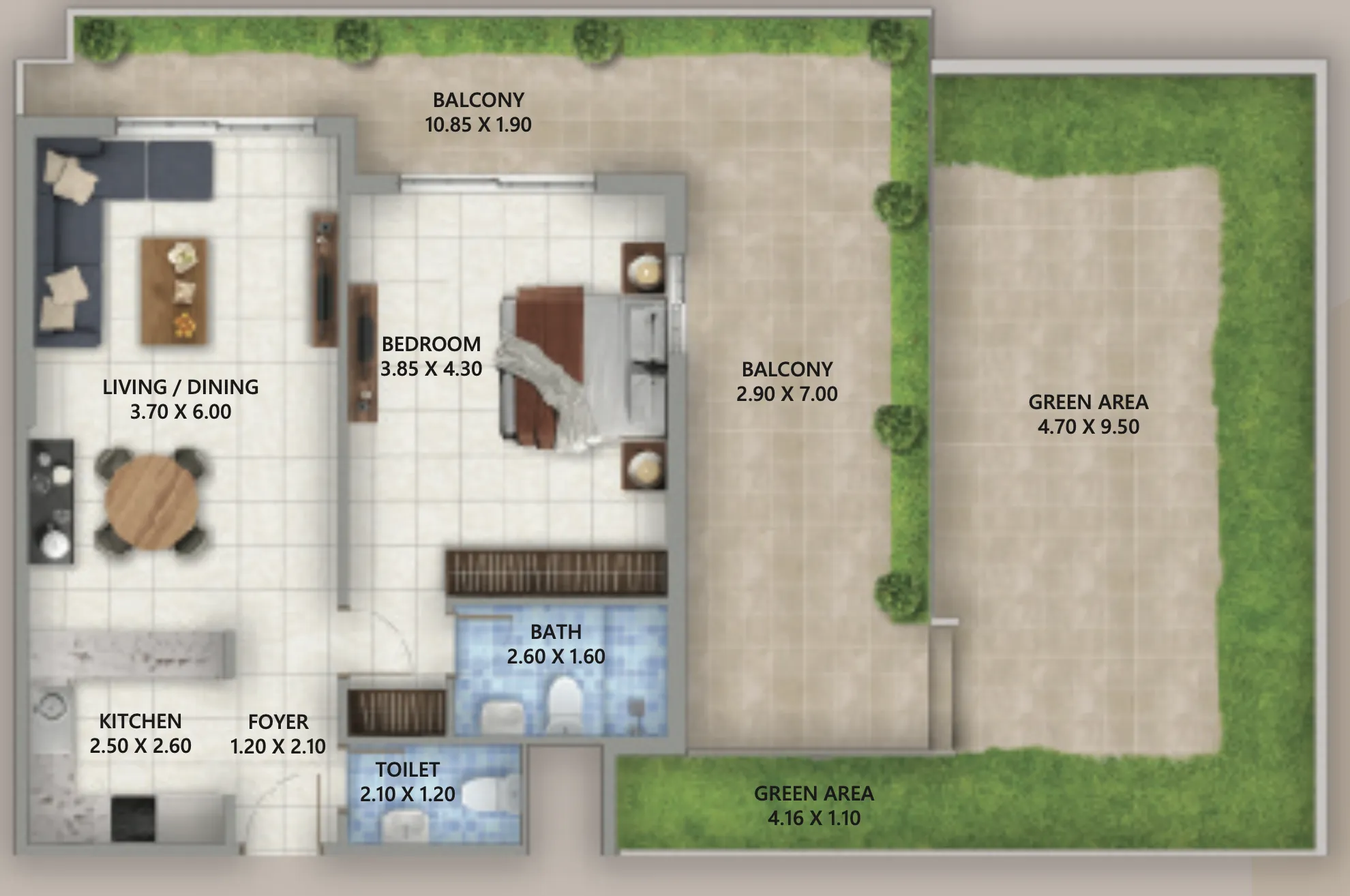 Linden Residences 1 bed floor plan, 971 sqft
