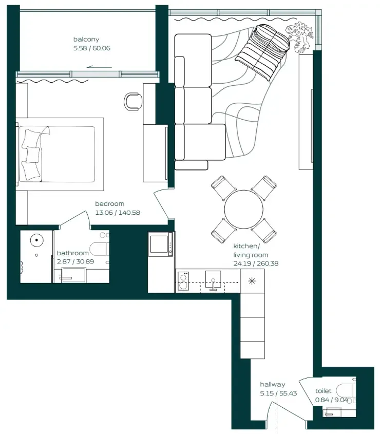Vibe 1 bed floor plan, 636 sqft