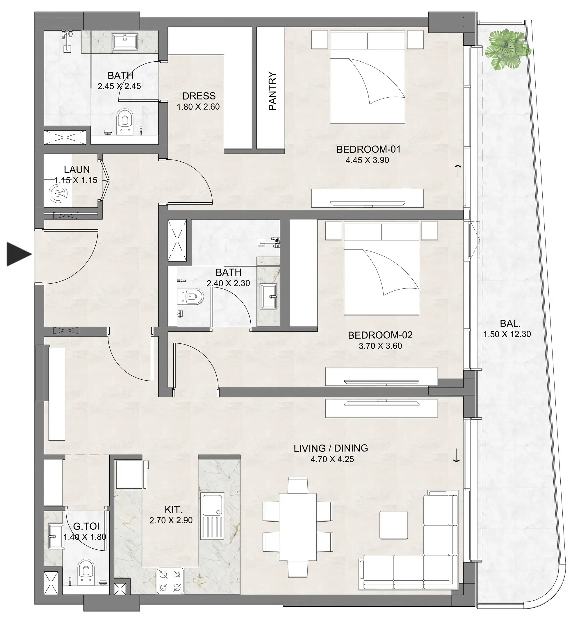 Luzora Residence 2 bed floor plan, 1,424 sqft