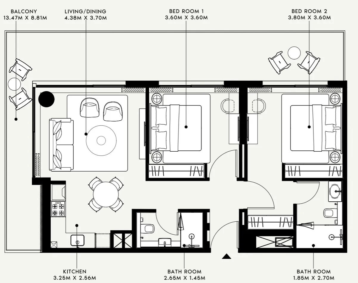 Azizi Venice 2 bed floor plan, 1,230 sqft