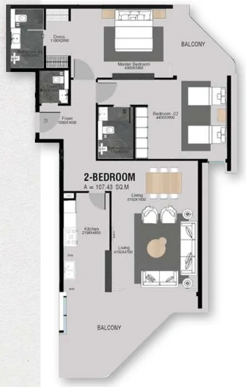 Cresswell Plaza 2 bed floor plan, 1,359 sqft
