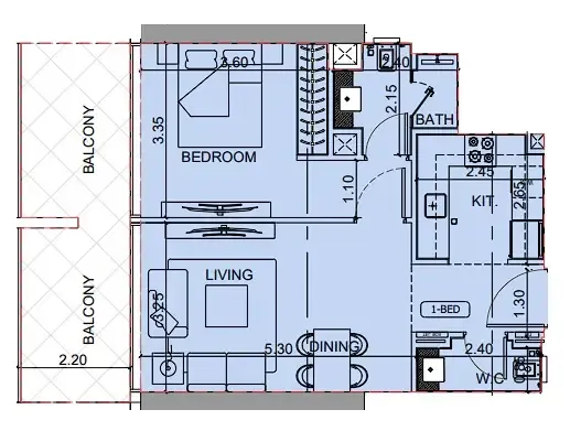 Binghatti Cullinan 1 bed floor plan, 730 sqft