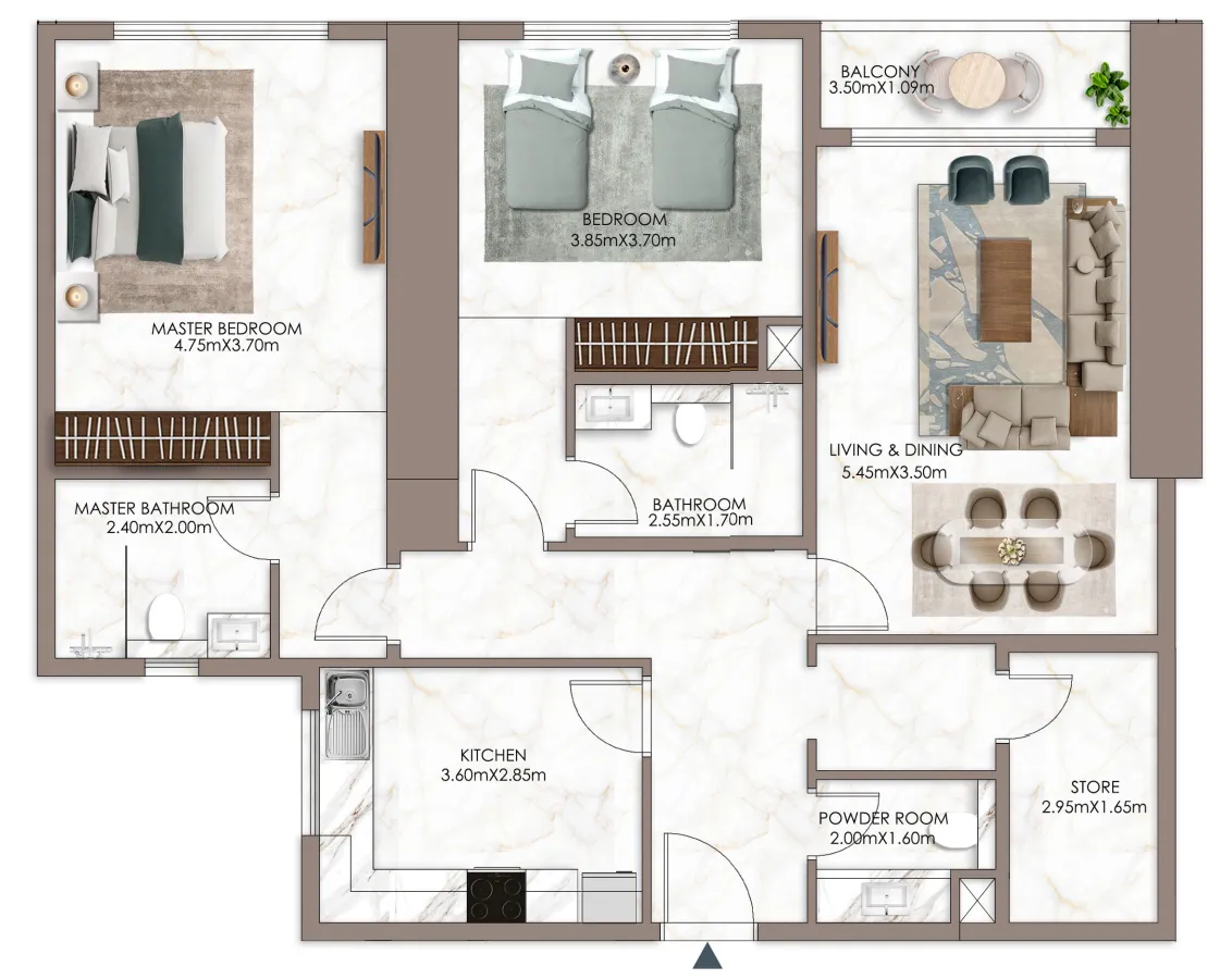 Sky Gardens Tower 2 bed floor plan, 1,706 sqft