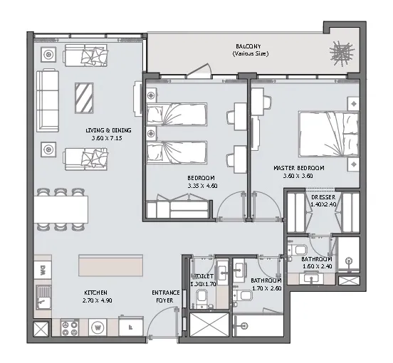 Verdana VI 2 bed floor plan, 1,094 – 1,134 sqft