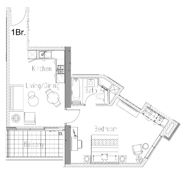 Aykon City Tower 1 bed floor plan, 677 sqft