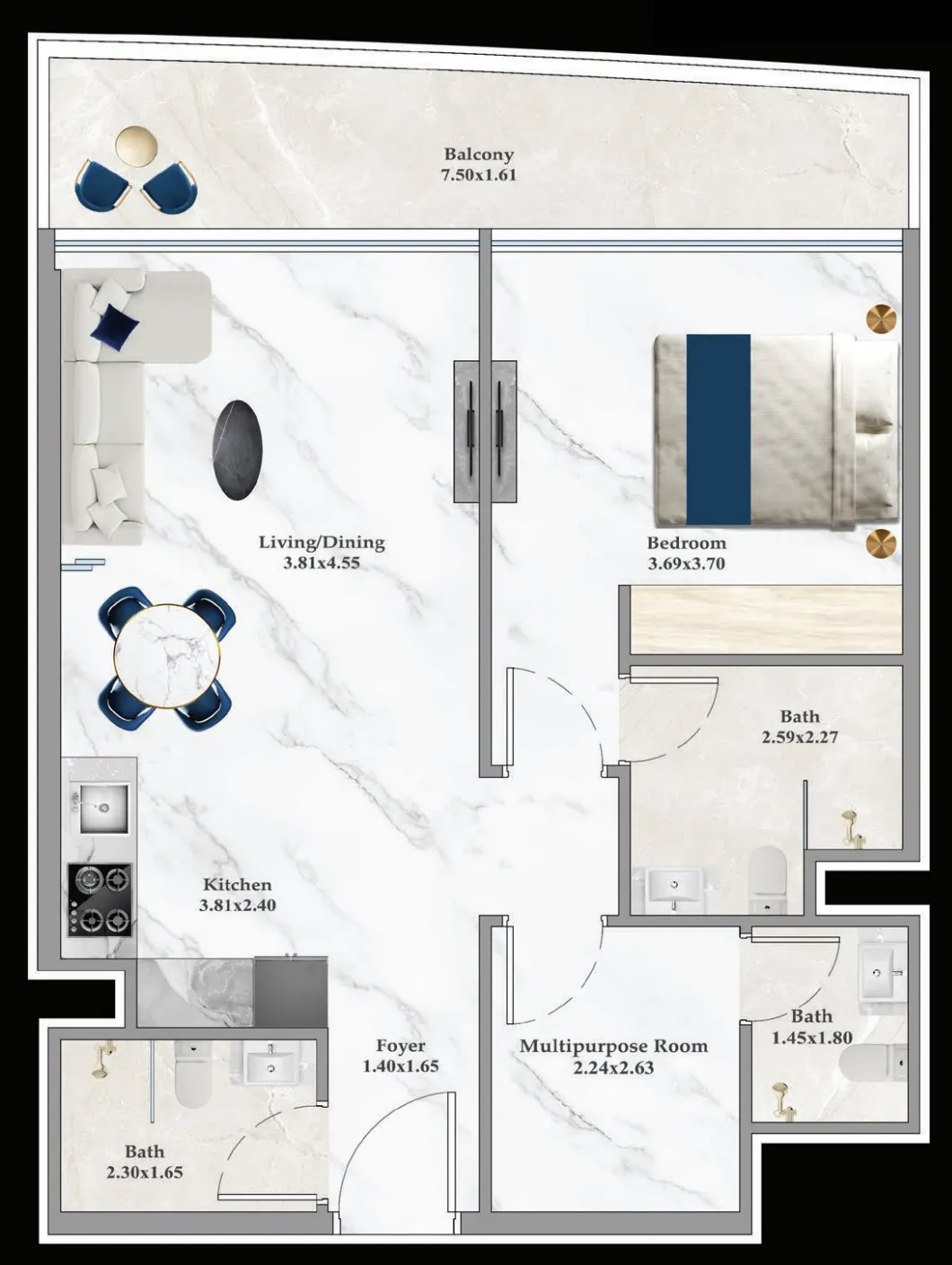 Aspirz 1 bed floor plan, 790 – 792 sqft