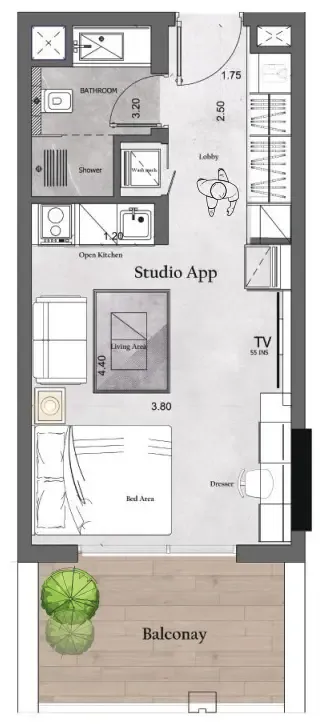 Saray Prime Residence Studio floor plan, 416 sqft