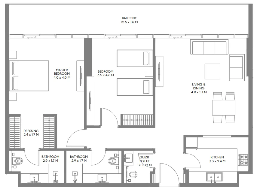 The Gate 3 and 4 2 bed floor plan, 1,308 sqft