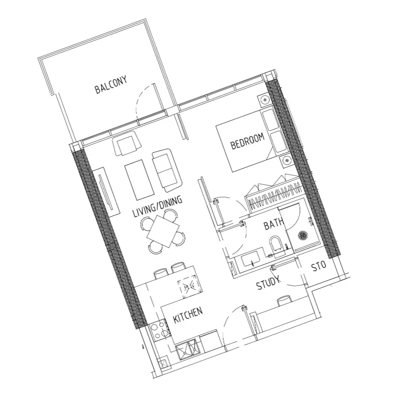 Damac District 1 bed floor plan, 674 – 676 sqft