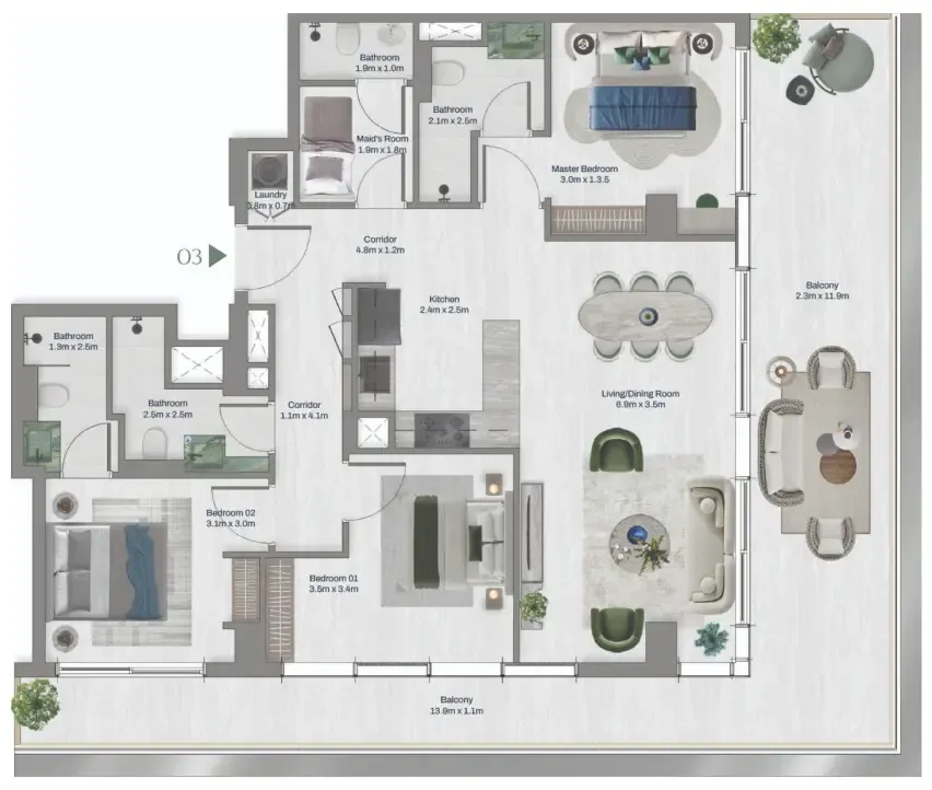 Oceara Park View Residences Phase 1 3 bed floor plan, 1,594 sqft