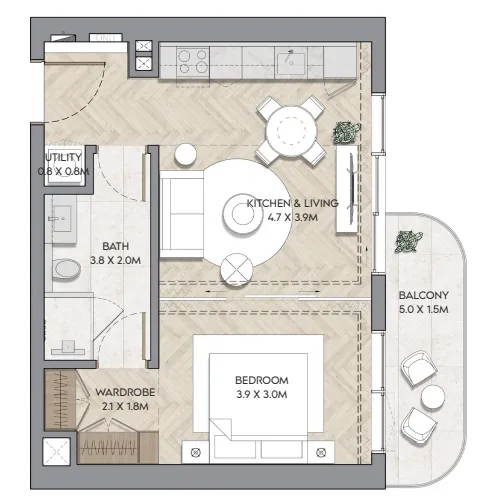 Nura 1 bed floor plan, 615 – 617 sqft