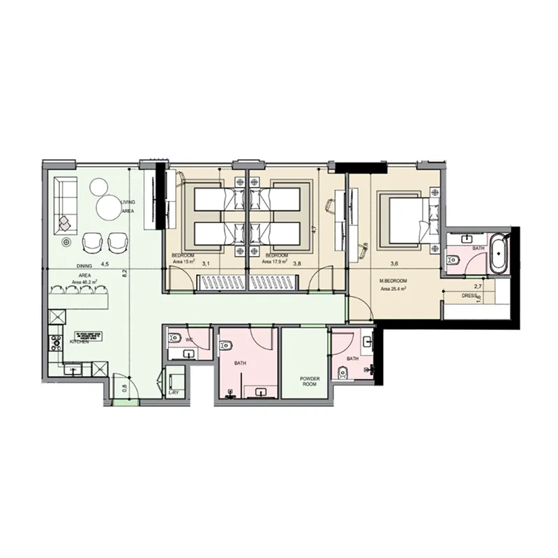 Edgewater Residences 1, 2 and 3 3 bed floor plan, 1,533 sqft