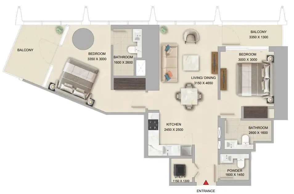 The Pinnacle at Sobha Central 2 bed floor plan, 998 sqft