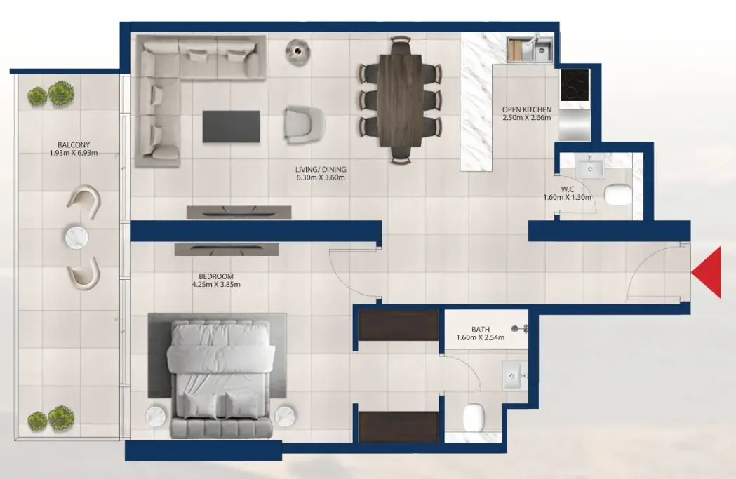 Al Vista 1 bed floor plan, 938 sqft