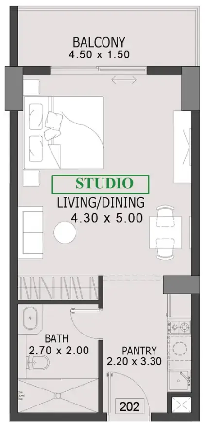 One By Preston Studio floor plan, 487 sqft
